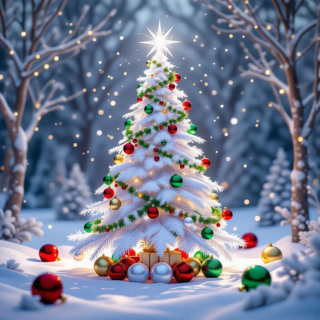 Sparkling White Glass Christmas Tree in 3D Winter Wonderland