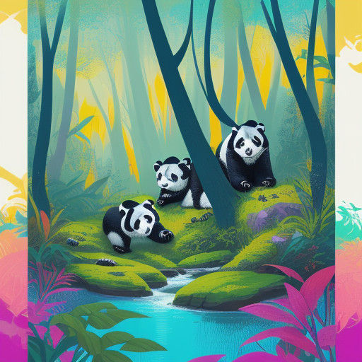 Vibrant, Whimsical Pandas in a Magical Forest Scene