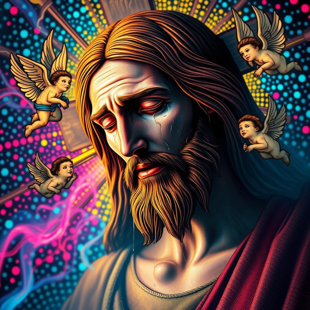 Hyper-Realistic Christ in Vibrant Ben-Day Dots Kaleidoscope