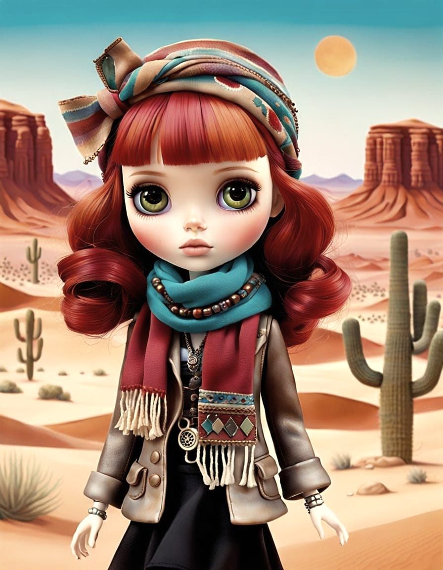 Chibi Blythe Doll in Steampunk Desert Landscape