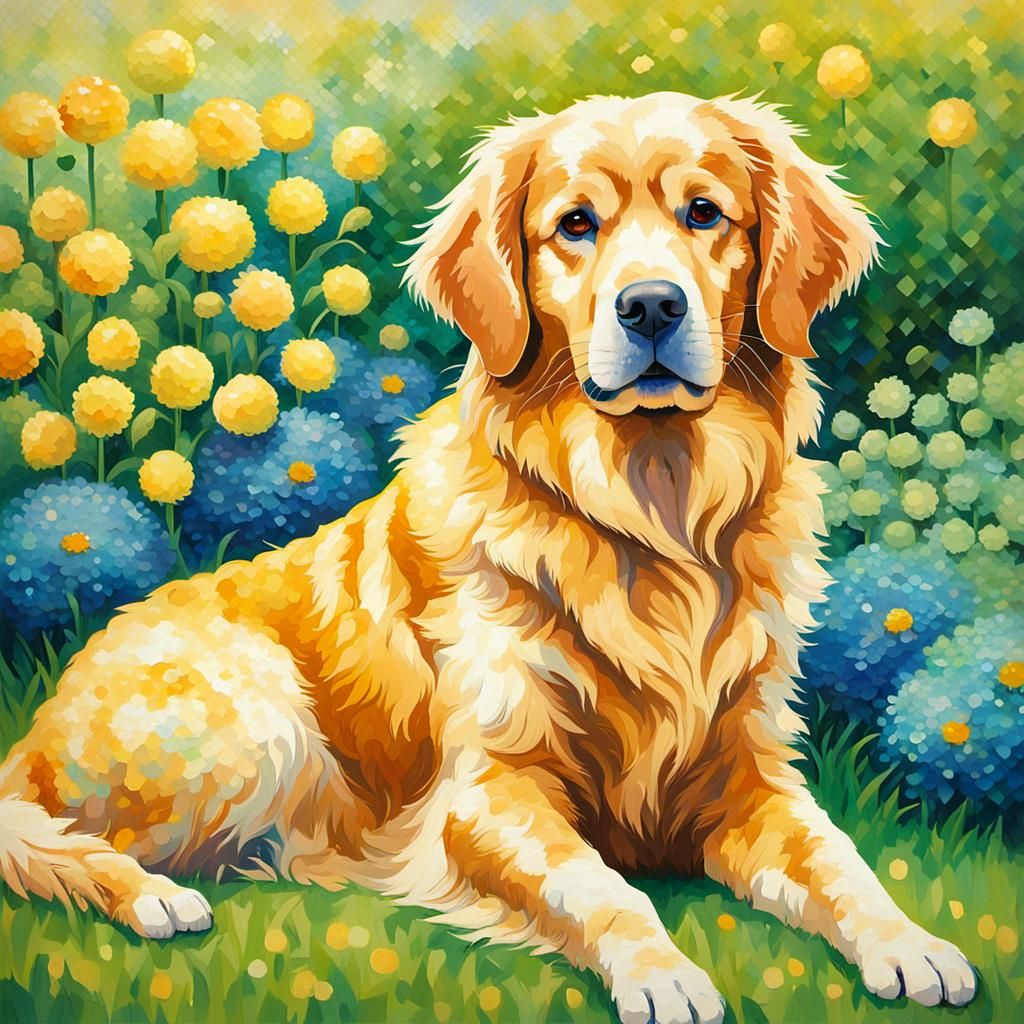 Golden Retriever in Garden, Pointillism Style