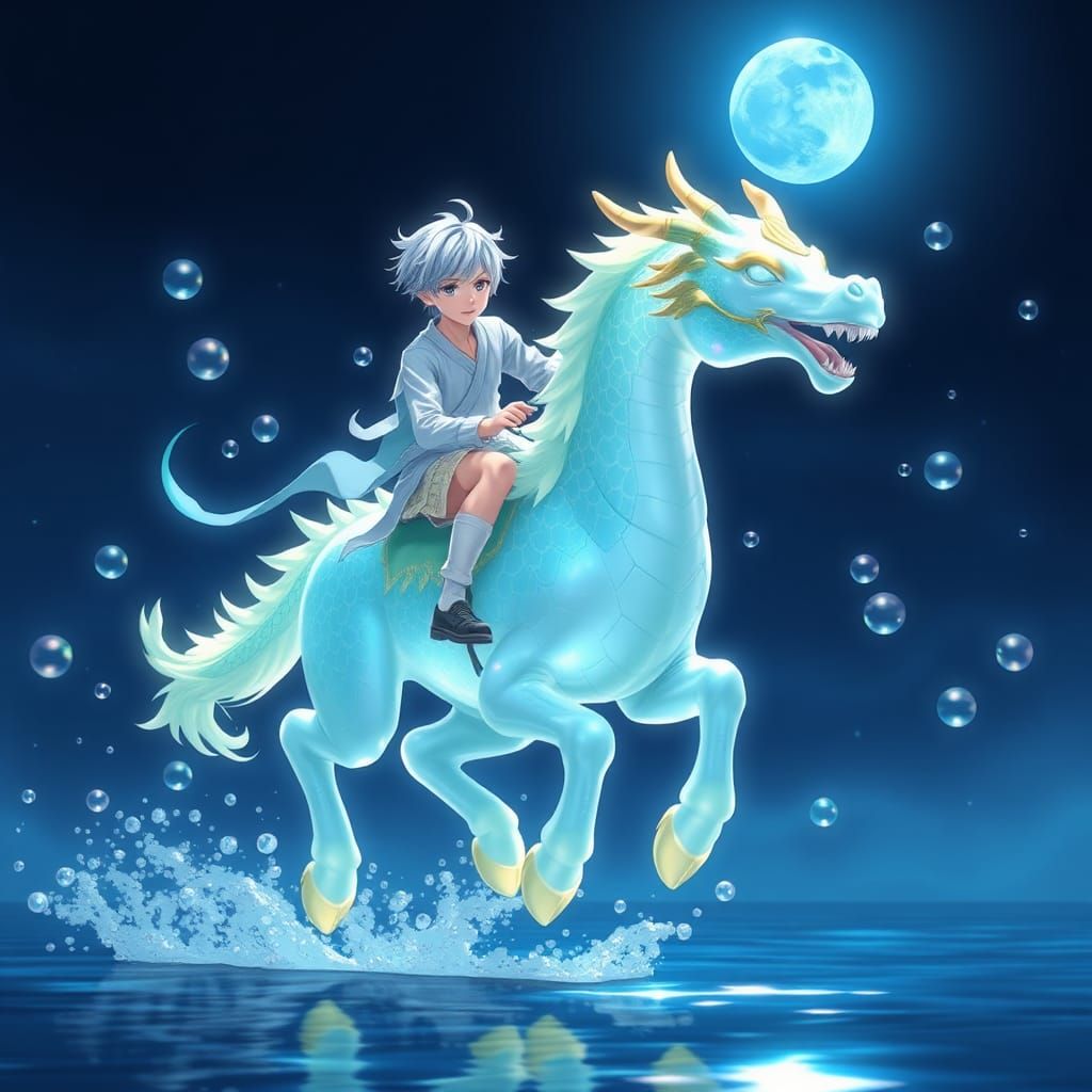 Magical Ride: Anime Man on Translucent Dragon-Horse