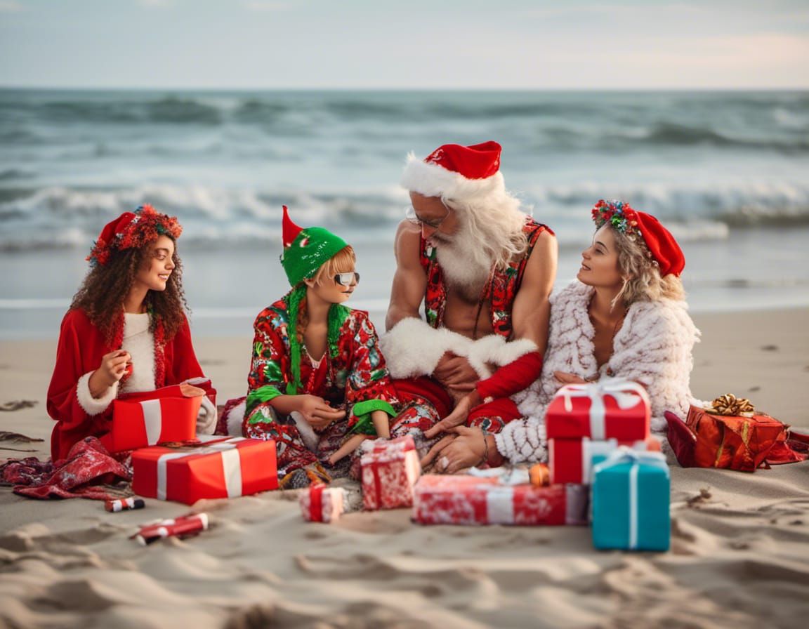 Santa Claus Relaxing on Beach with Elves