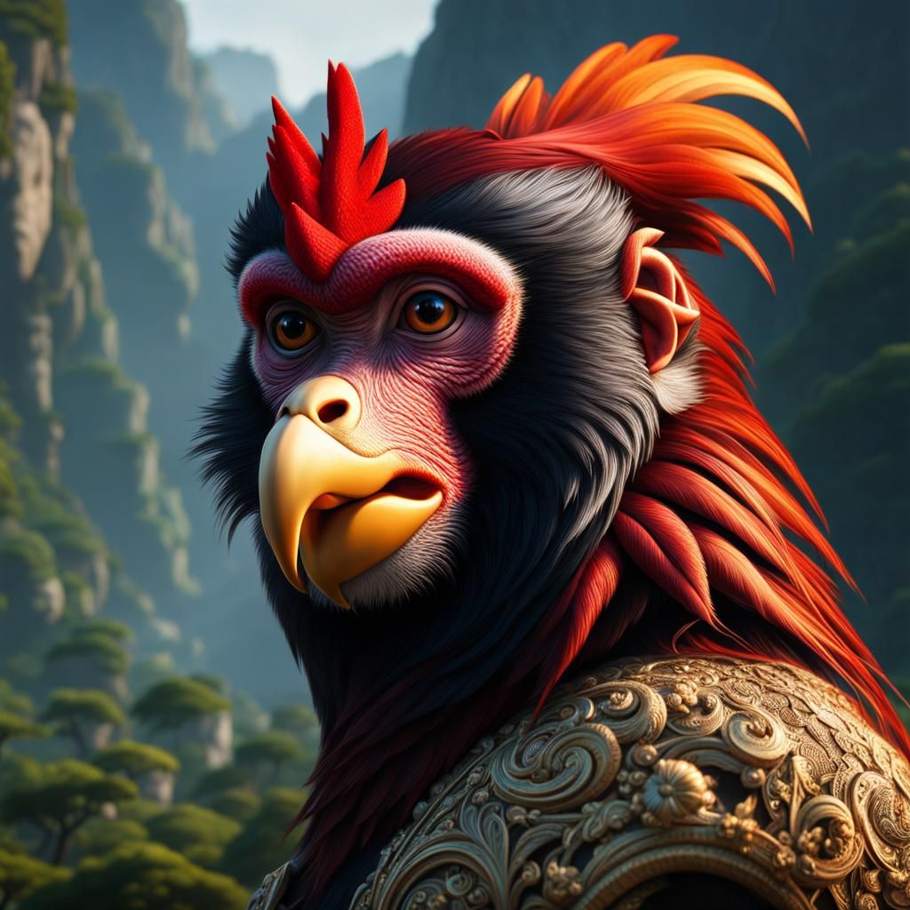 Fantasy Monkey Rooster Hybrid in Cinematic Style