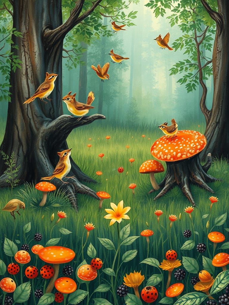 Whimsical Forest Scene as Gouache Painting