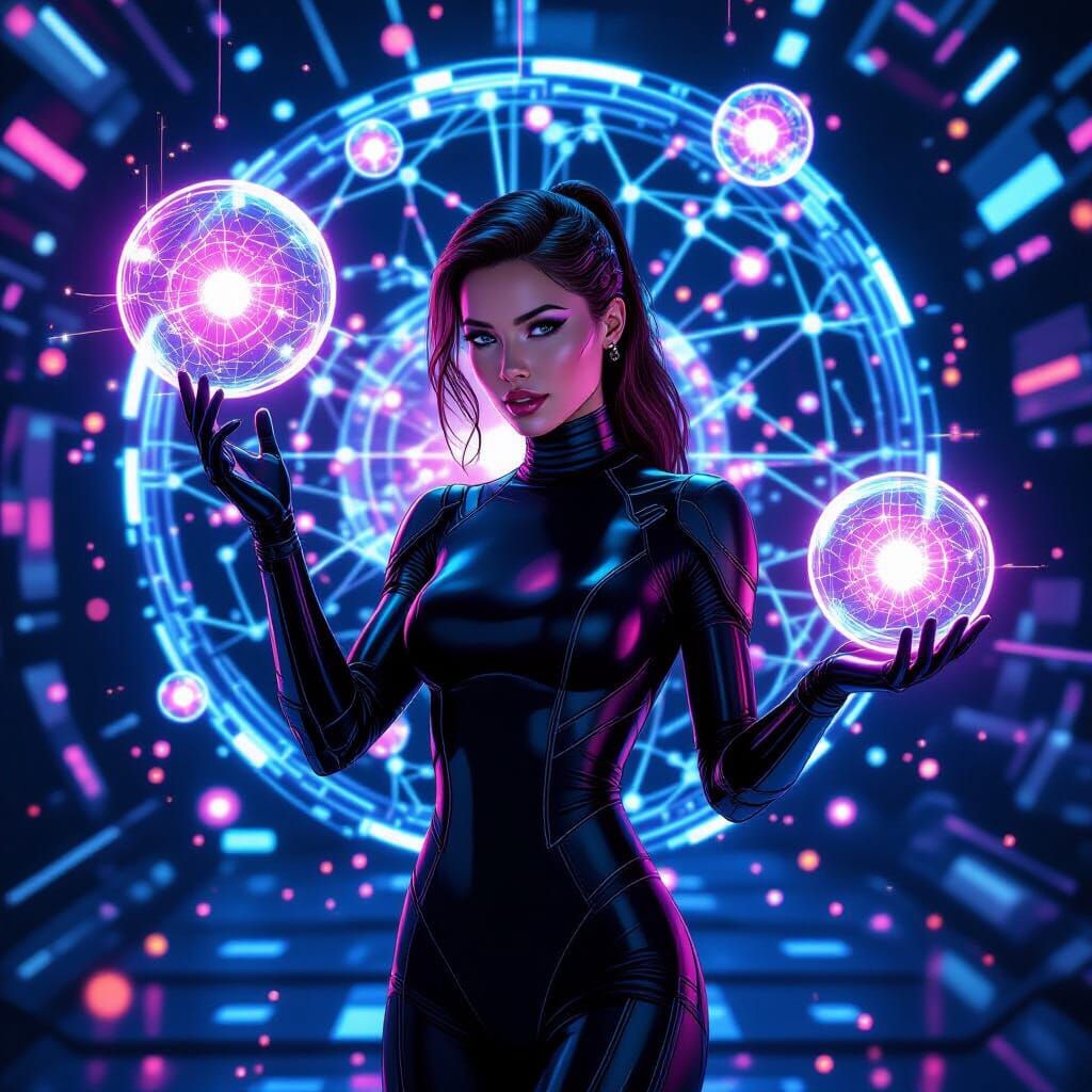 Cyborg Woman Interacting with Neural Network in Cyberpunk St...