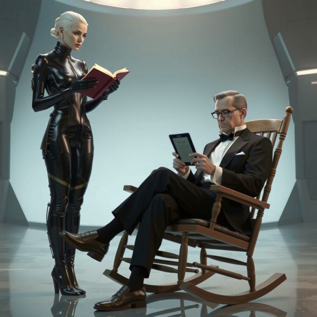 Futuristic Woman Reads Book Beside Vintage Gentleman, Photor...