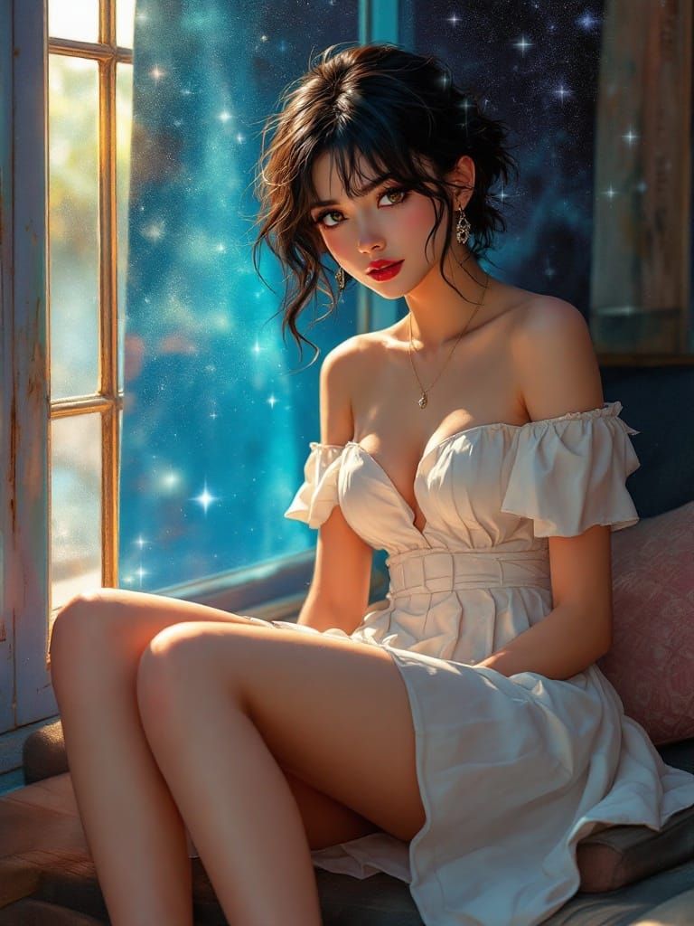 Anime Figure in White Dress with Luminous Lighting