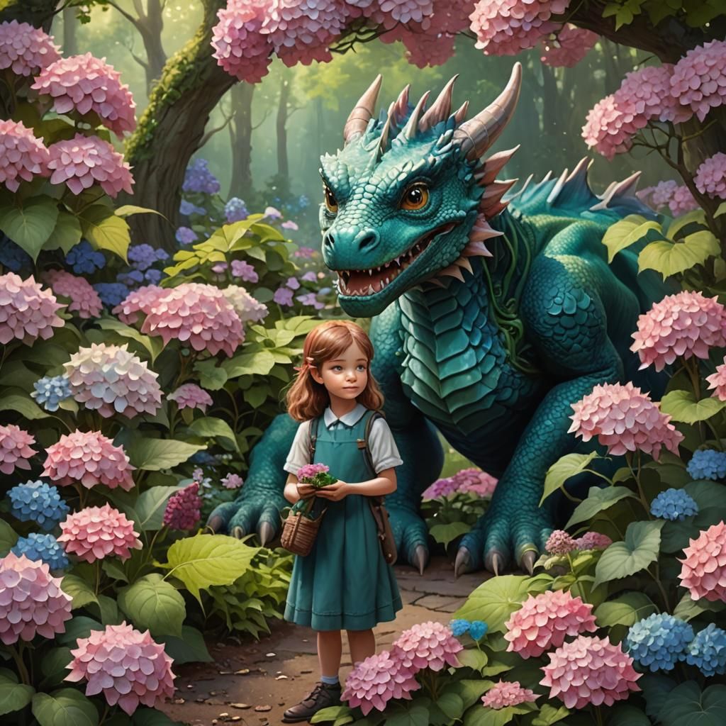 Girl and Dragon Cuddle in Forest Garden
