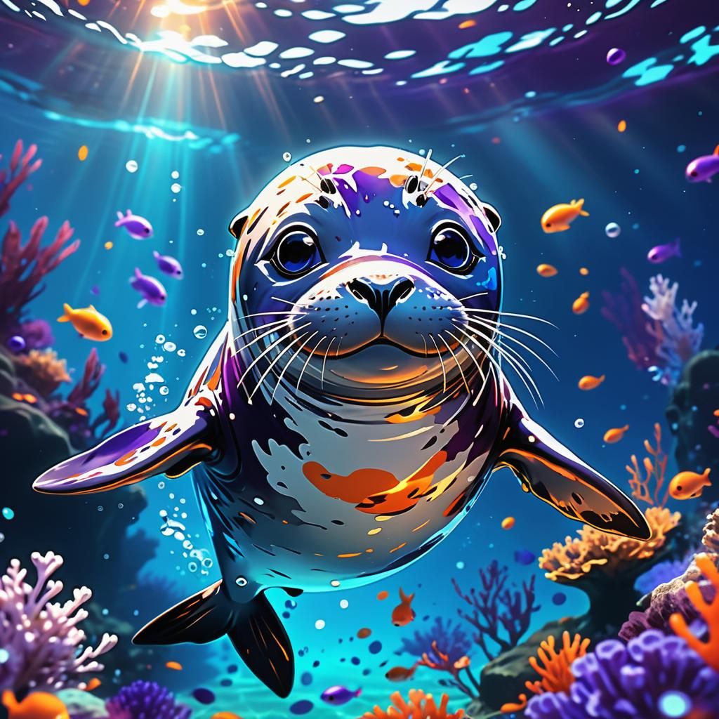 Intricate 3D Anime Seal in Deep Blue Waters