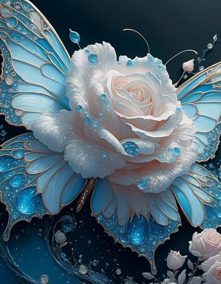<lora:eye:1.0> Beautiful blue clear rose on a butterfly modern art romanticism detailed painting