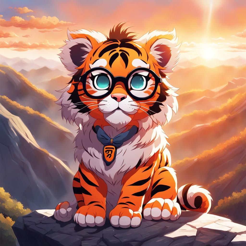 Fierce Tiger Cub in Anime Style on Mountain Cliff
