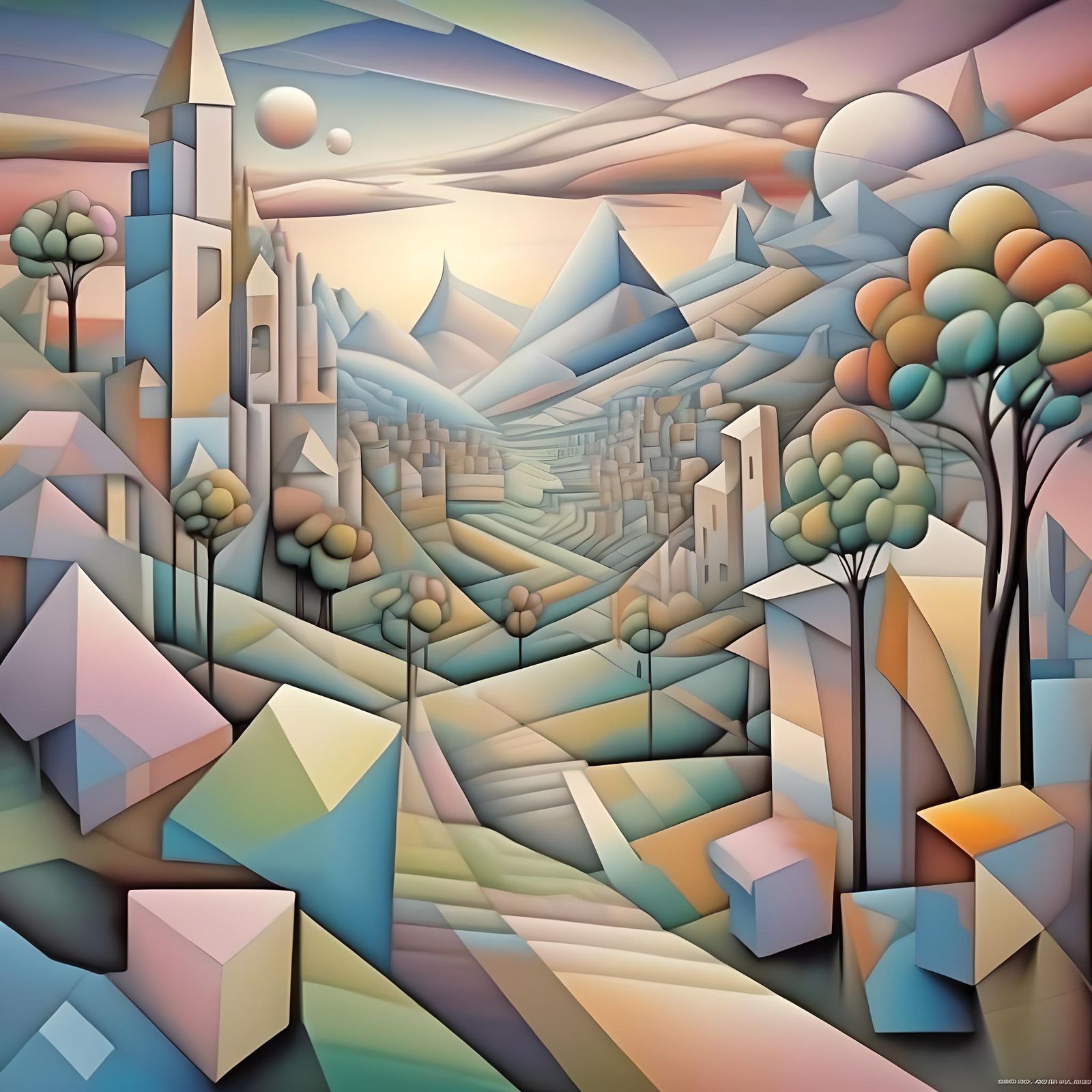 Surreal Cubist Dreamscape in Pastel Shades