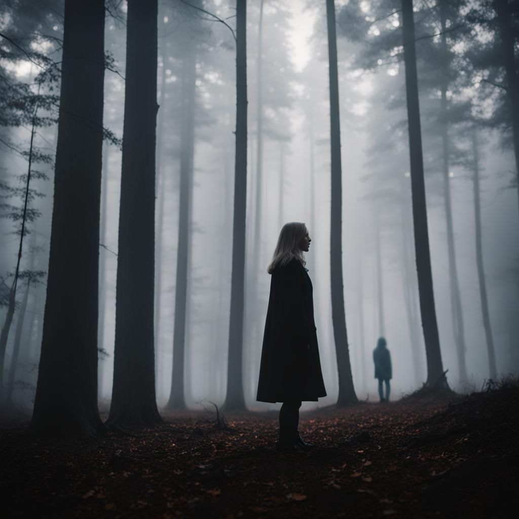 Eerie Shadow Figure in Foggy Forest