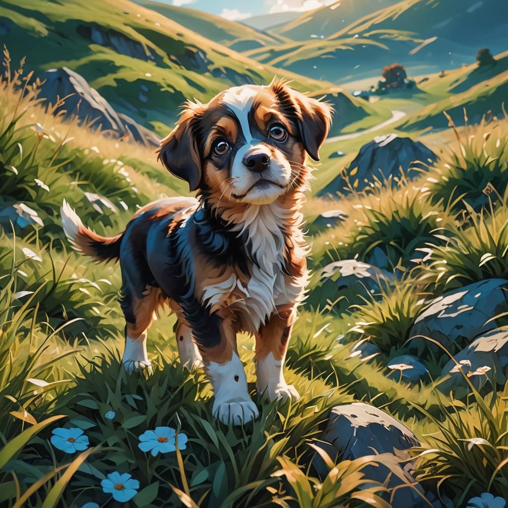Cute Puppy on Grassy Hill in Oil Painting Style