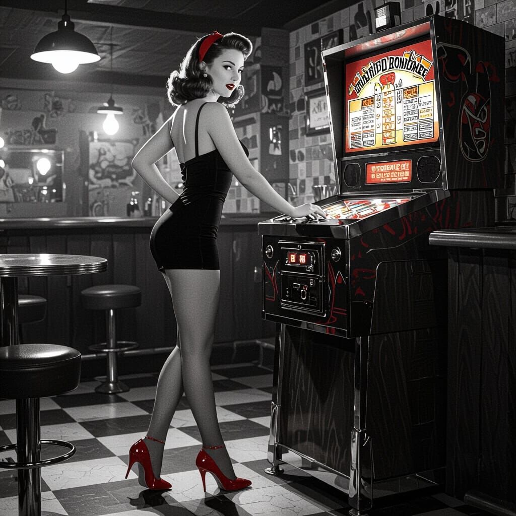 1960s Pin-Up Girl Plays Pinball in Retro Bar