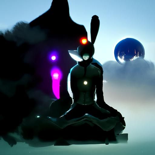 Cyberpunk Ninja Rabbit Meditates Under Two Moons