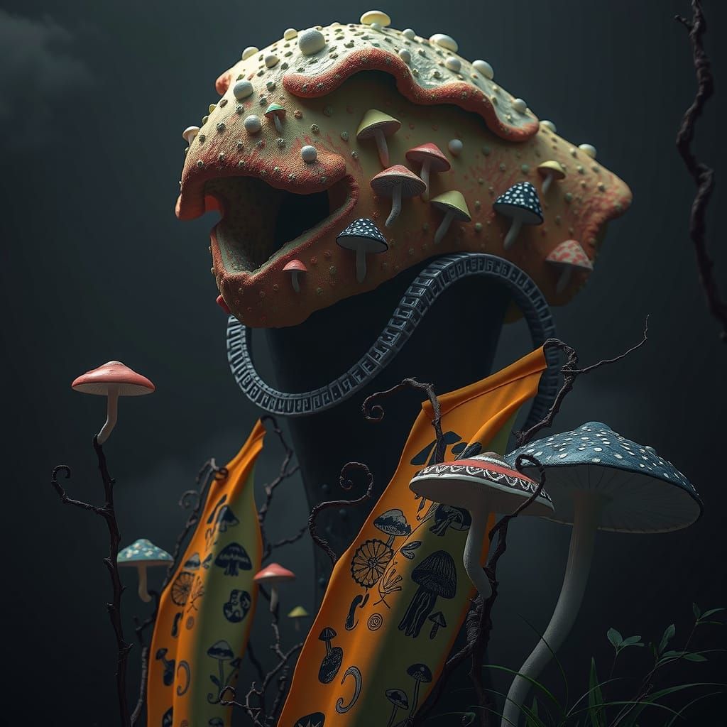 Hyperrealist Mushroom Dreamscape with Flags and Gum Bungalow