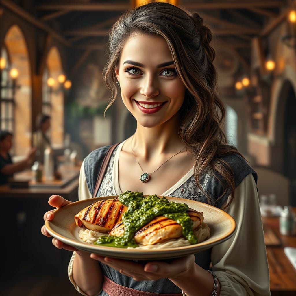 Woman Savors Grilled Chicken with Pesto in Whimsical Banquet...