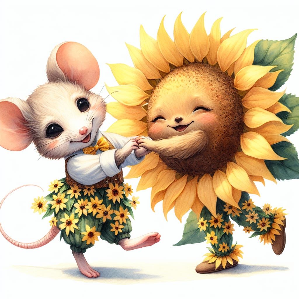 Mouse and Sunflower Waltz in Watercolor Style