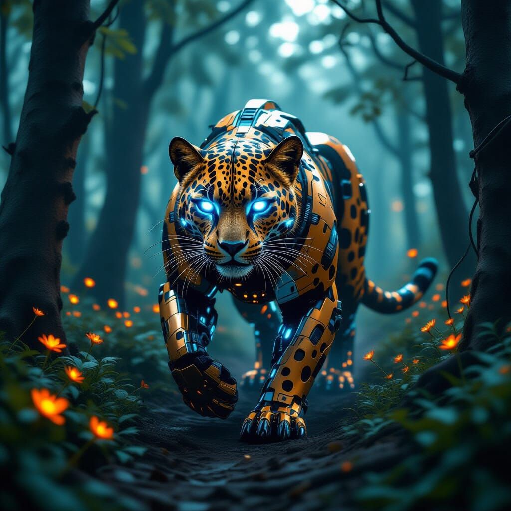 Robotic Leopard in Misty Sci-Fi Forest