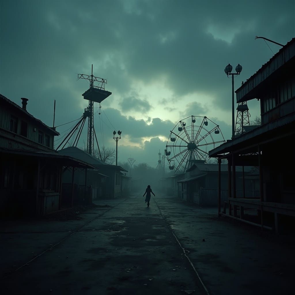 Eerie Amusement Park at Dusk with Ghostly Figures
