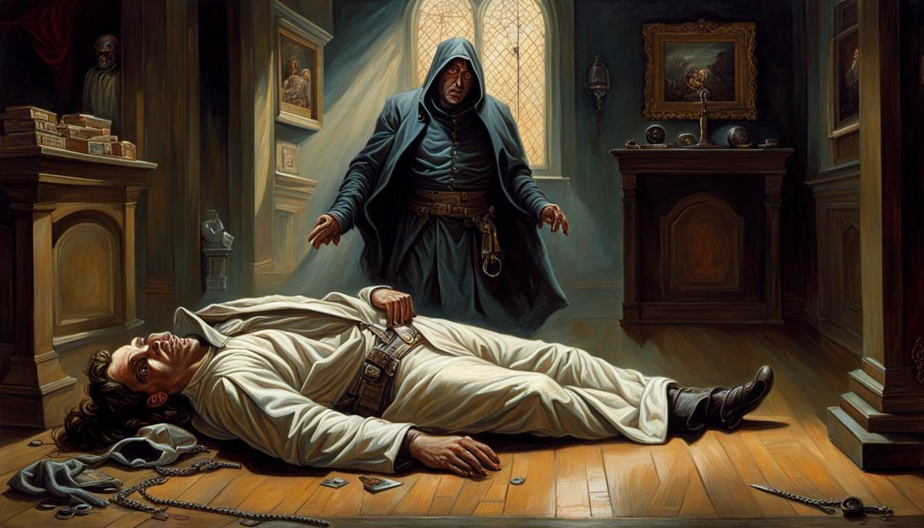 Sinister Oil Painting: Man in Straightjacket Dead