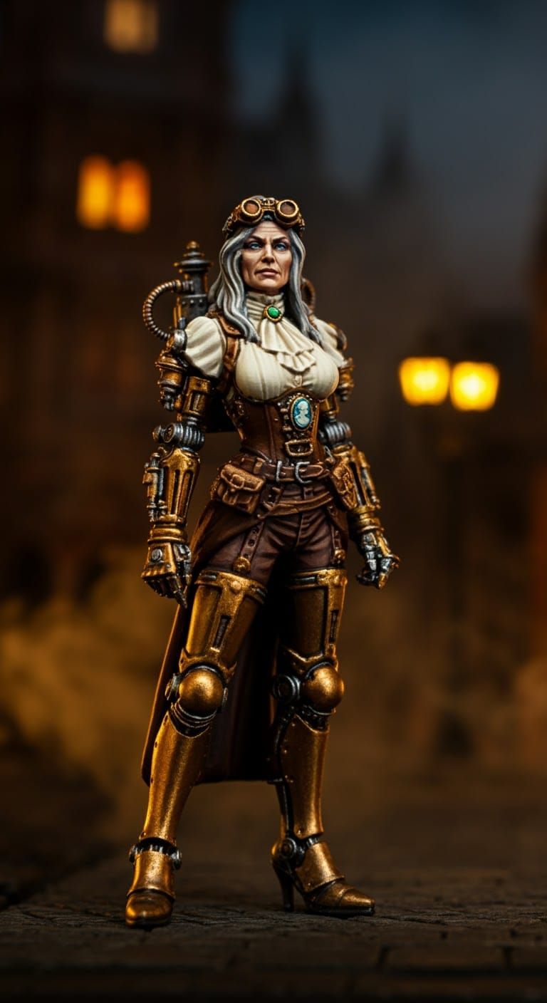 Dieselpunk Brass Automaton in Victorian Cityscape