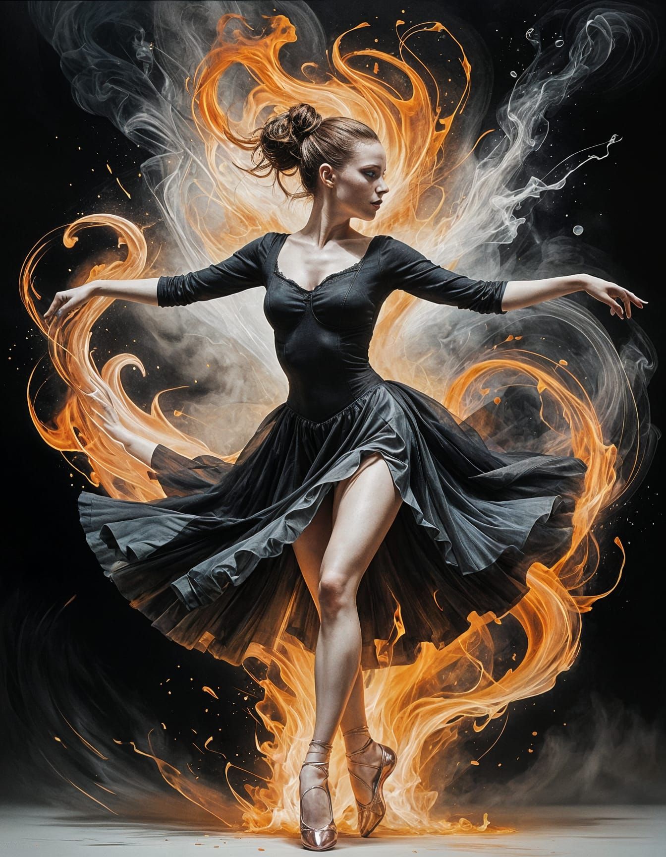 Surreal Ballerina Dances on a Burning Skull in a Crazy Colla...