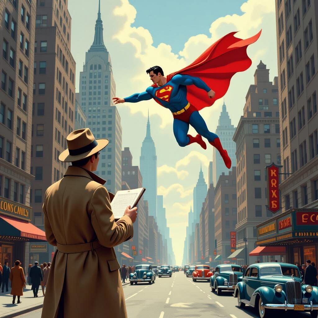 Superman Sighting in 1939 New York, Retrofuturistic Art