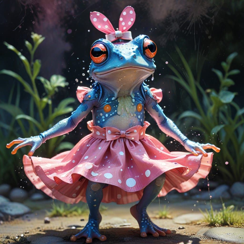 Frog in Polka Dot Skirt and Ribbon, Watercolor Splash Art