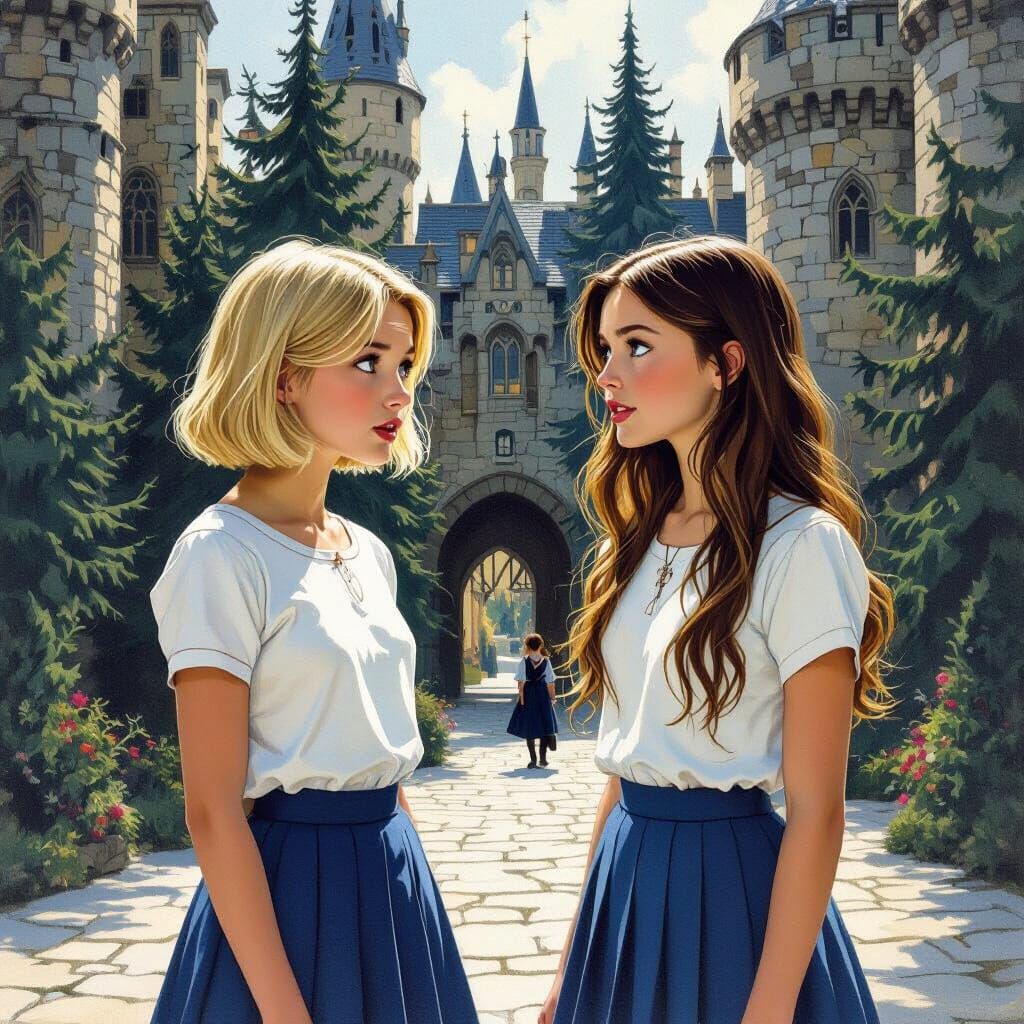 Girls in Castle Courtyard in Alan Lee Style
