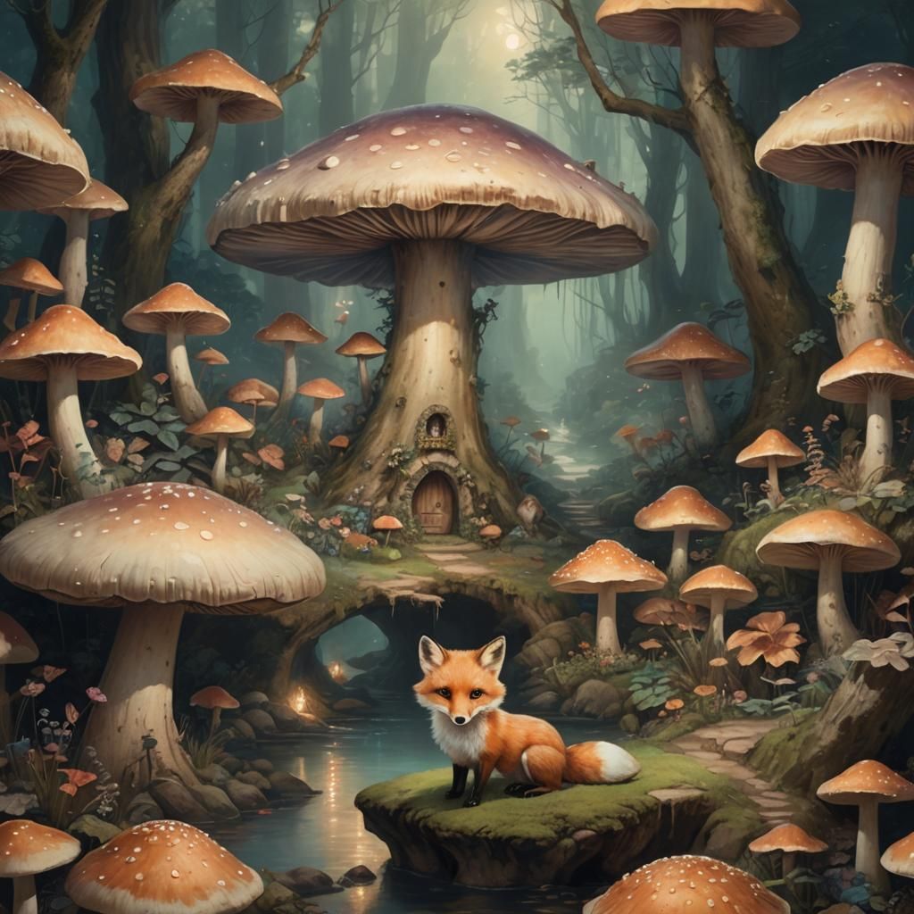 Enchanted Grotto with Glowing Fox, Tonalist Style