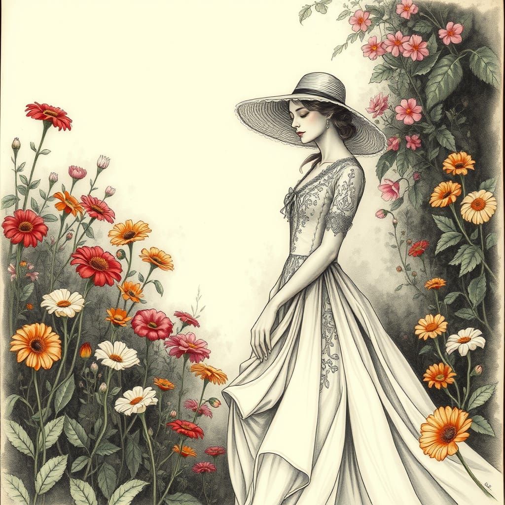 Elegant Lady in Lush Garden, Charcoal Drawing