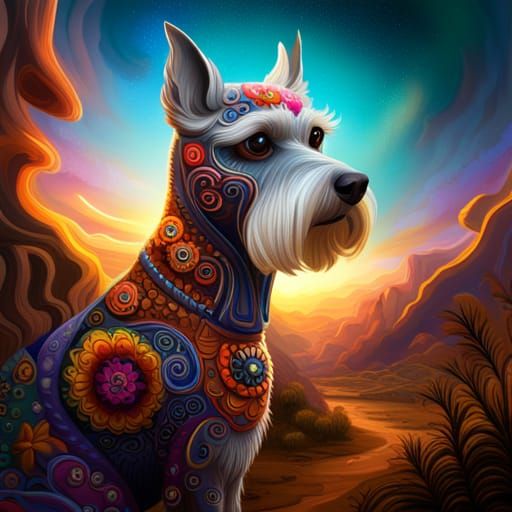 Miniature Schnauzer as Colorful Alebrije Creature