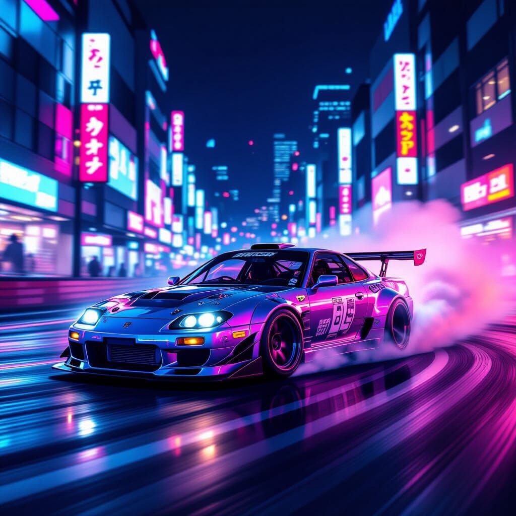 Cars Drifting at Night in Tokyo Drift Style