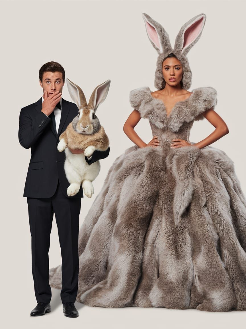 Handsome Man Shields Rabbit from Rabbit Fur Gown
