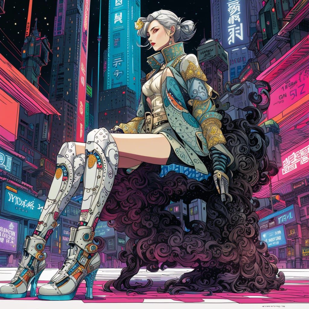 Cyberpunk Woman with Prosthetic Legs in Inkpunk Style