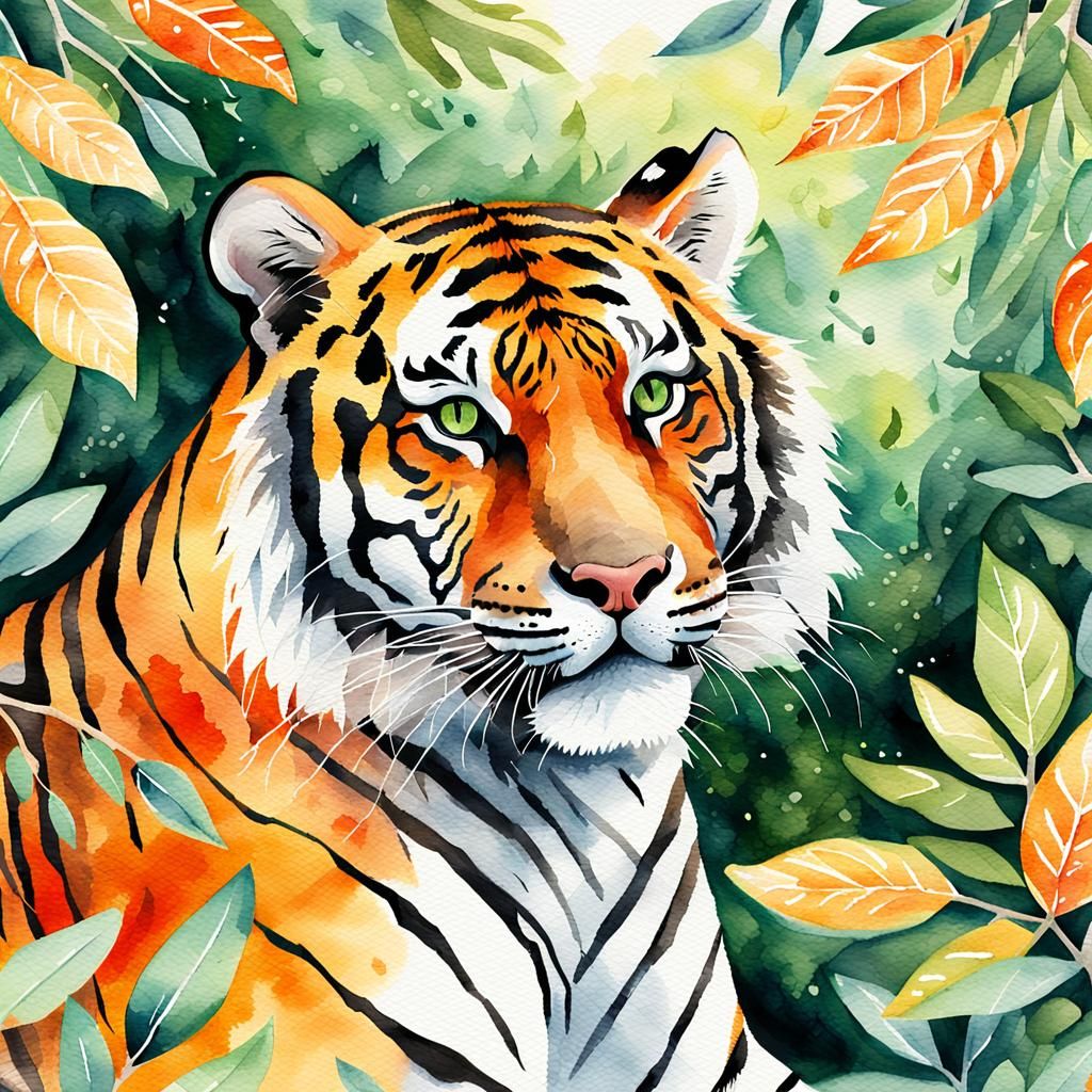 Playful Tiger in Tree, Watercolor Impressionism