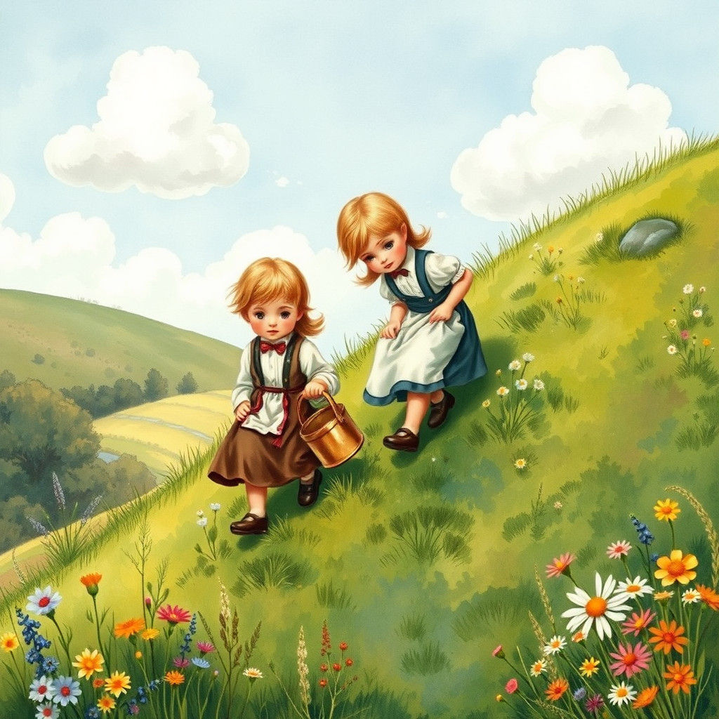 Jack and Jill Climb a Hill, Watercolor Illustration