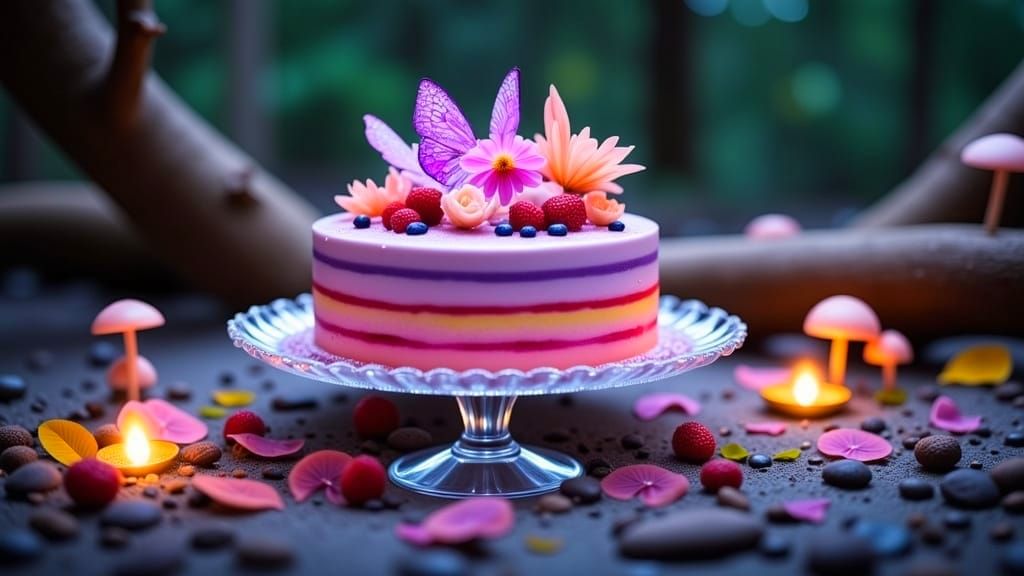 Enchanted Cake in Glowing Forest: Fantasy Realism