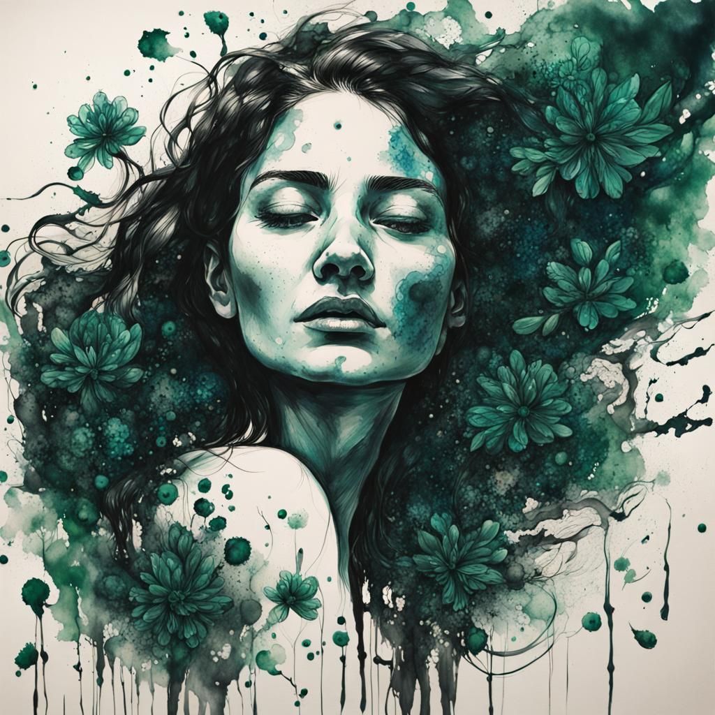 Ink Splatter Portrait of Woman with Emerald Flowers