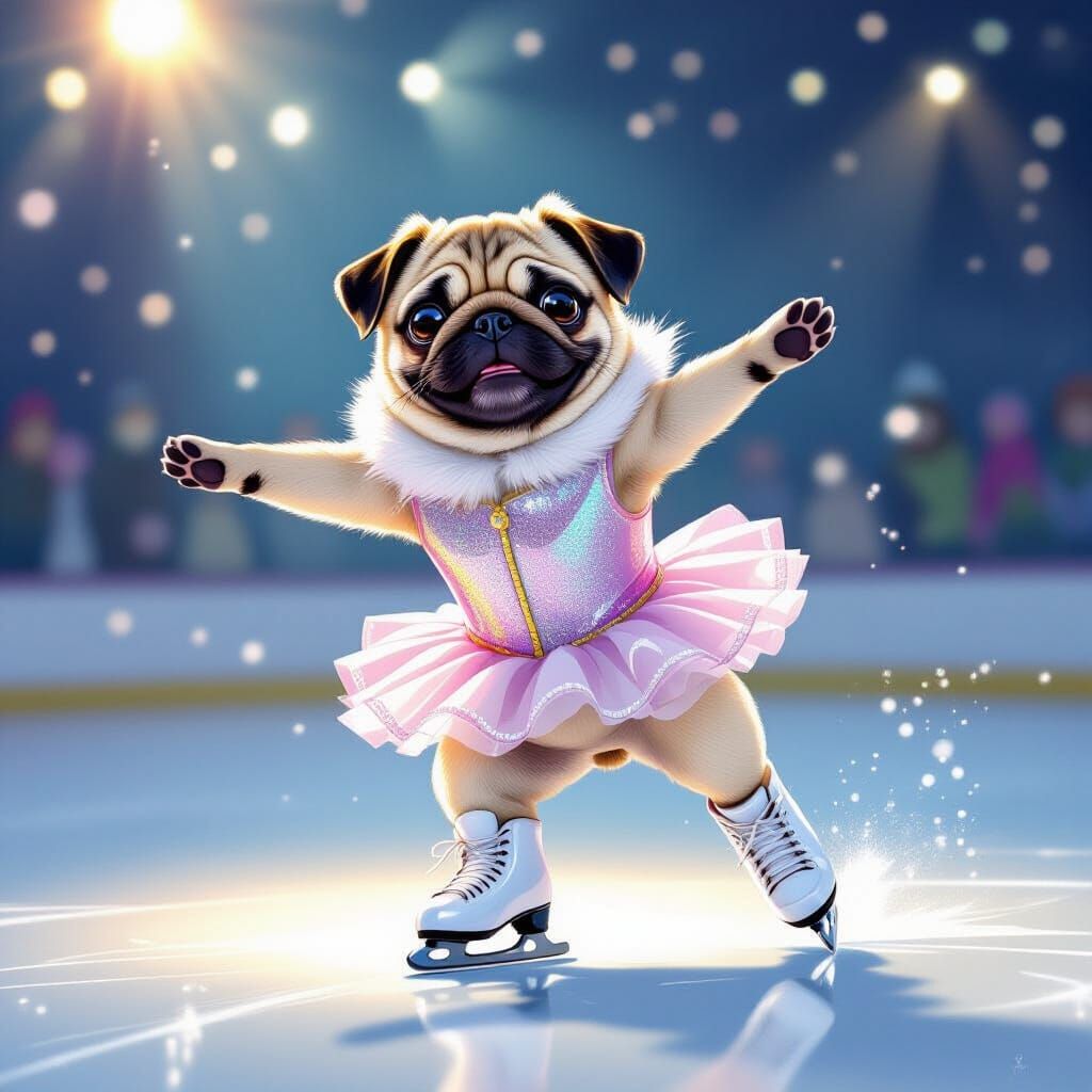 Joyful Pug Figure Skating Mid-Jump in Whimsical Digital Art