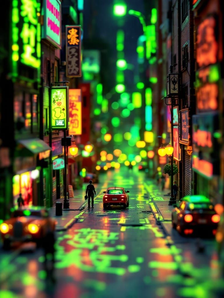 Bioluminescent Miniature City Diorama in Street Art Style