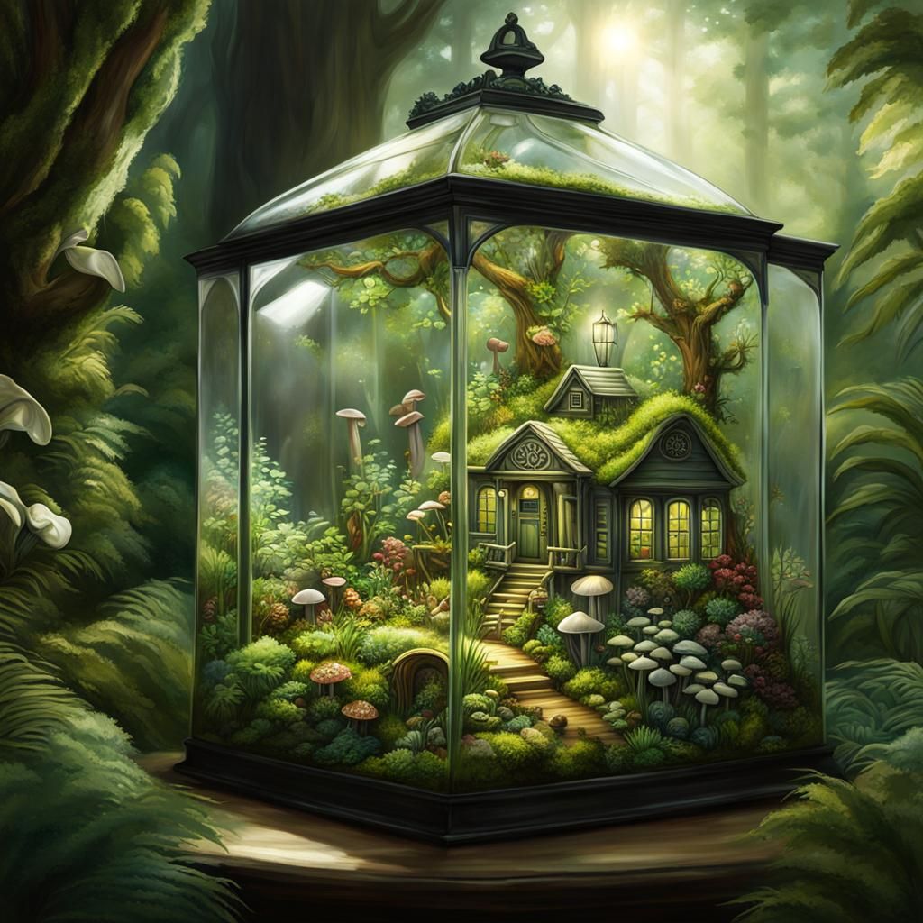 Lush Miniature Garden Ecosystem in Glass Terrarium