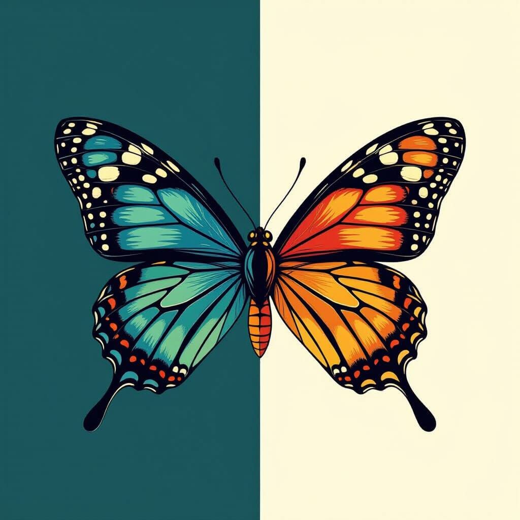 Butterfly and Moth Divided by Diagonal Line, Vibrant Colors