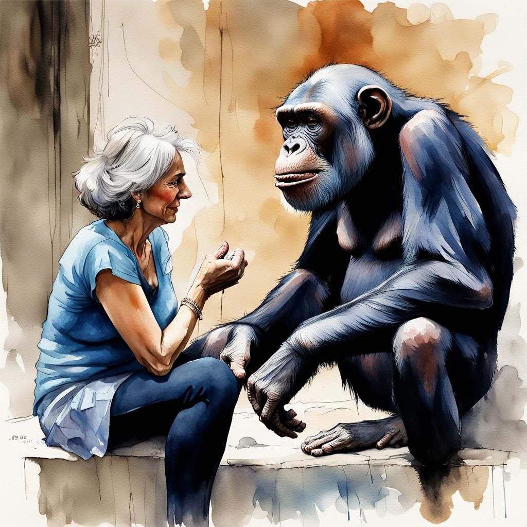 detailed old Italian woman  petting a big happy Chimpanzee  by Alex Maleev, Quentin Blake, watercolour stye"