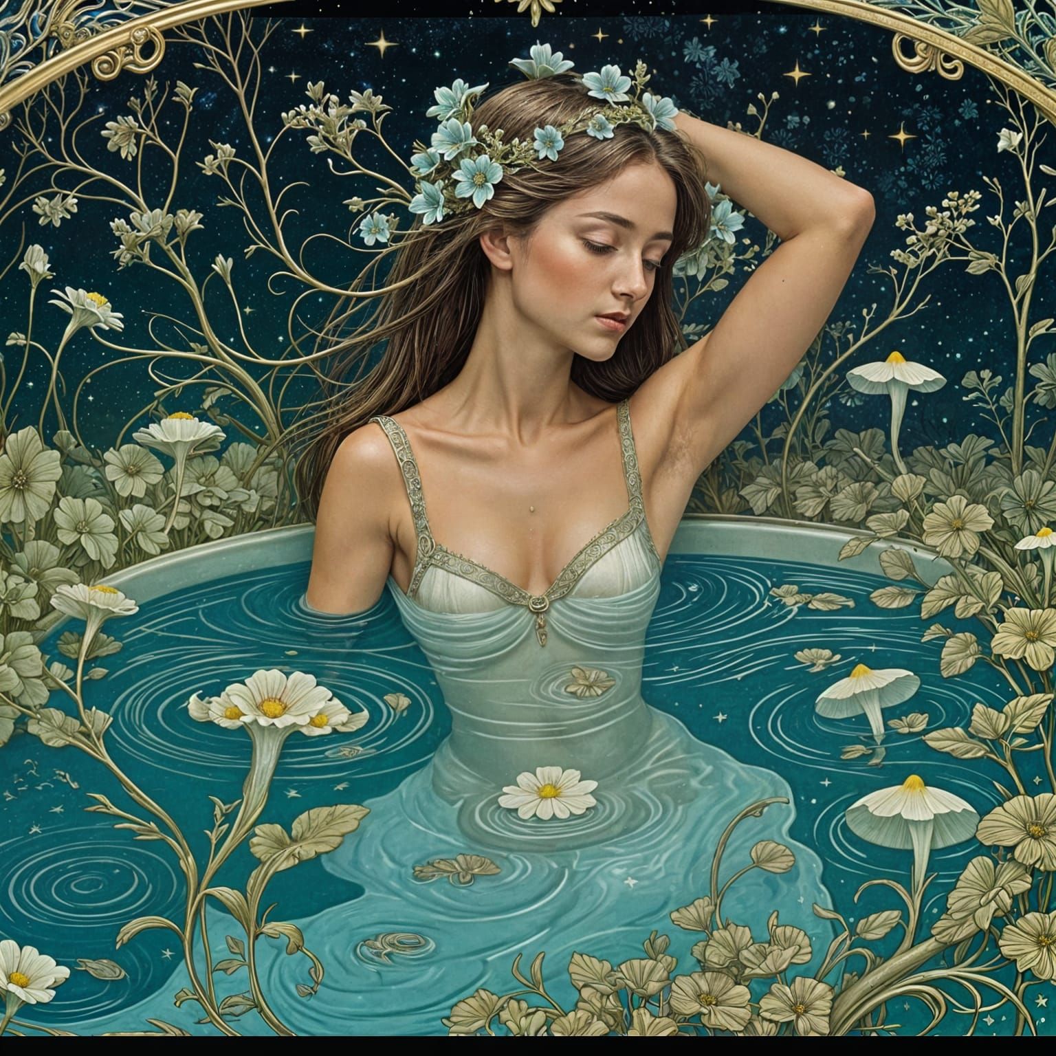 Art Nouveau Woman in Starry Liquid Bath