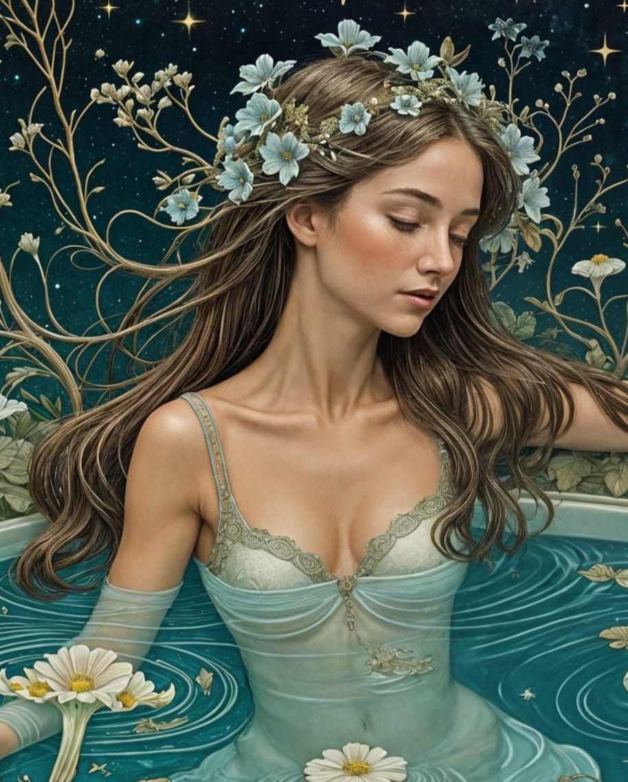 Art Nouveau Woman in Starry Liquid Bath