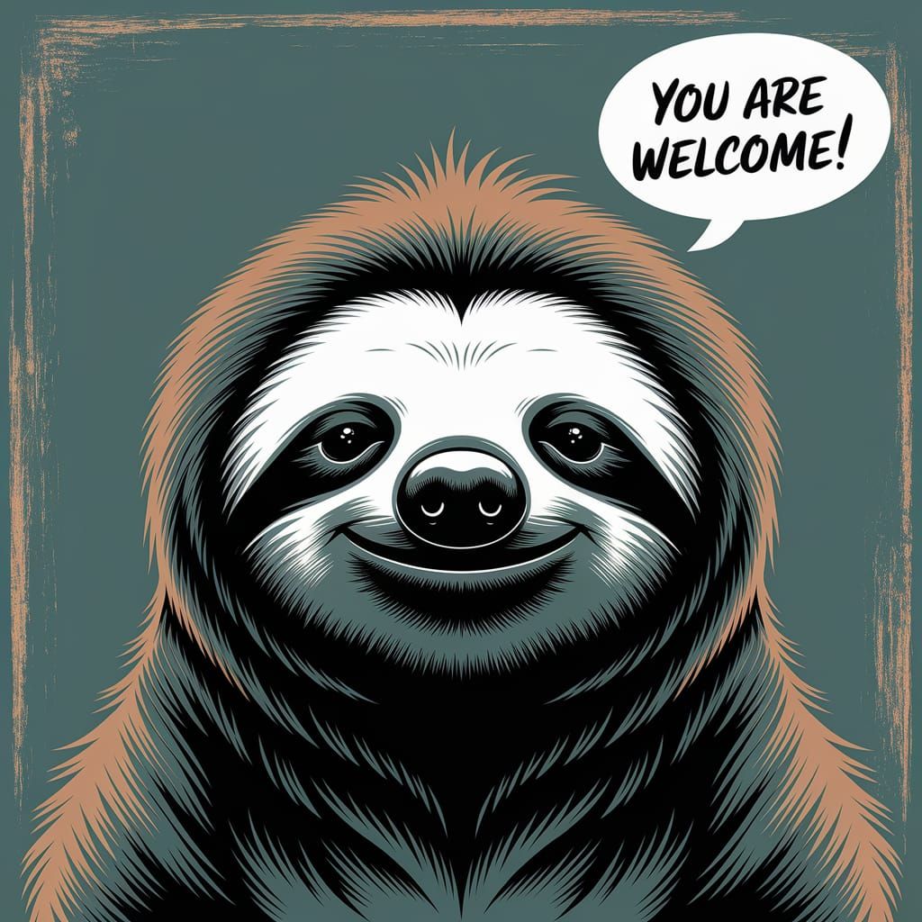 Smiling Sloth Portrait in Ocher and Teal